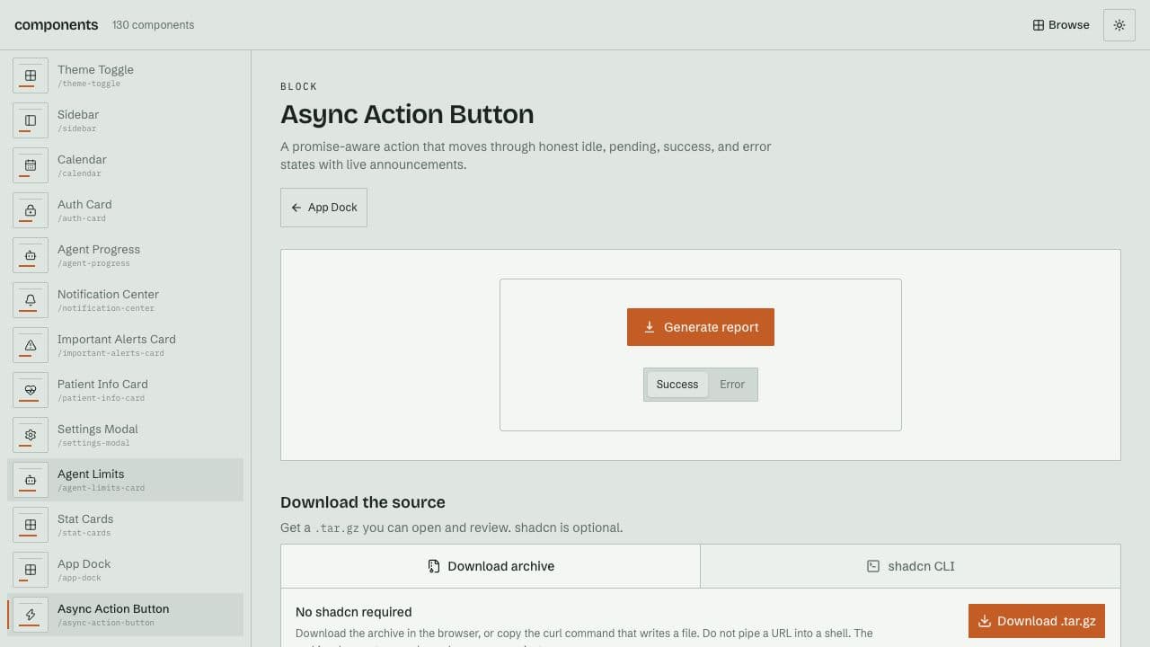 The Components catalog with interface previews and source browsing