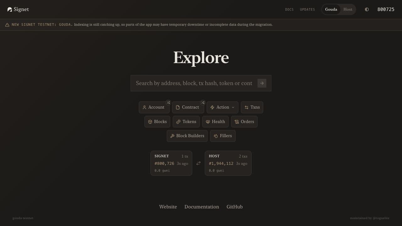 Signet Explorer showing account discovery and paired chain blocks